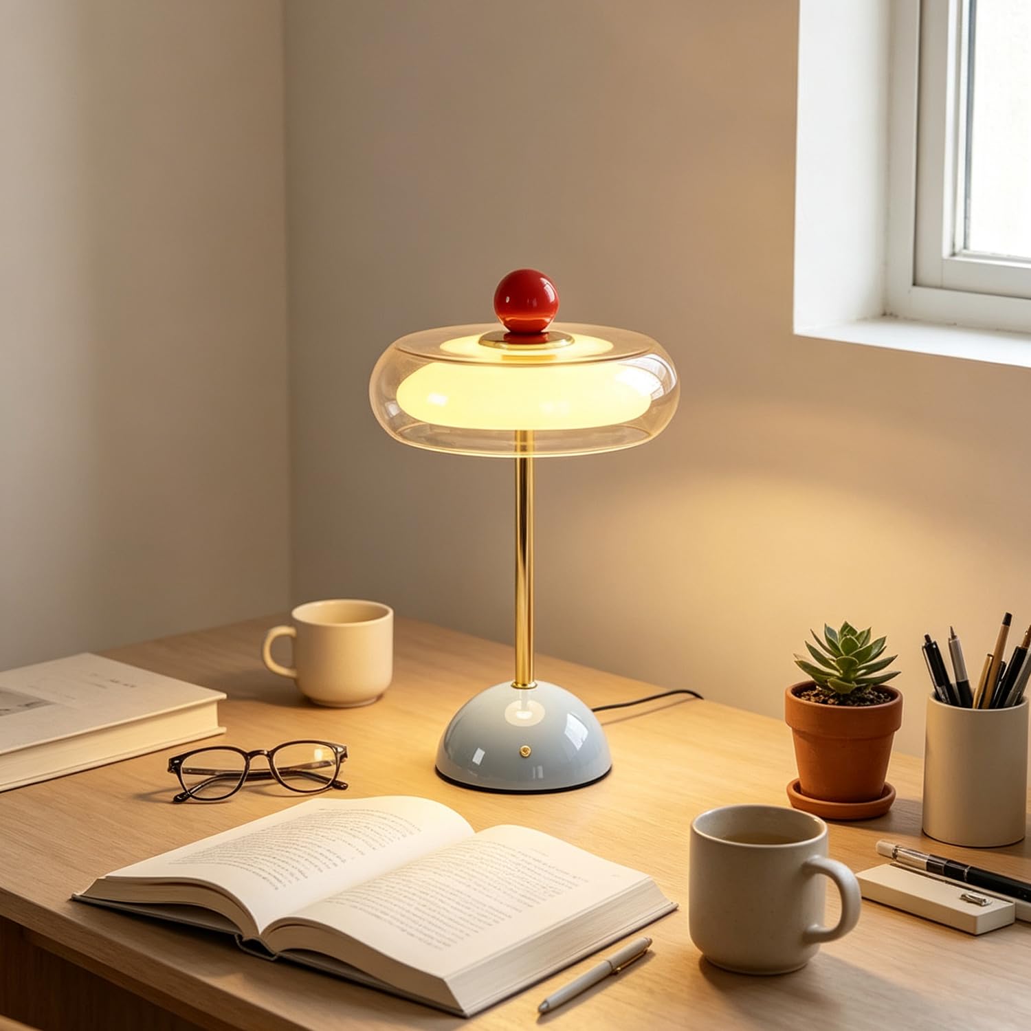 Lámpara de Mesa LED Inalámbrica Lámpara con Forma de Seta Batería Recargable USB Lámpara de Mesita de Noche Lámpara que Funciona con Pilas Lámpara Táctil Lámpara Decorativa Para el Dormitorio,Azul