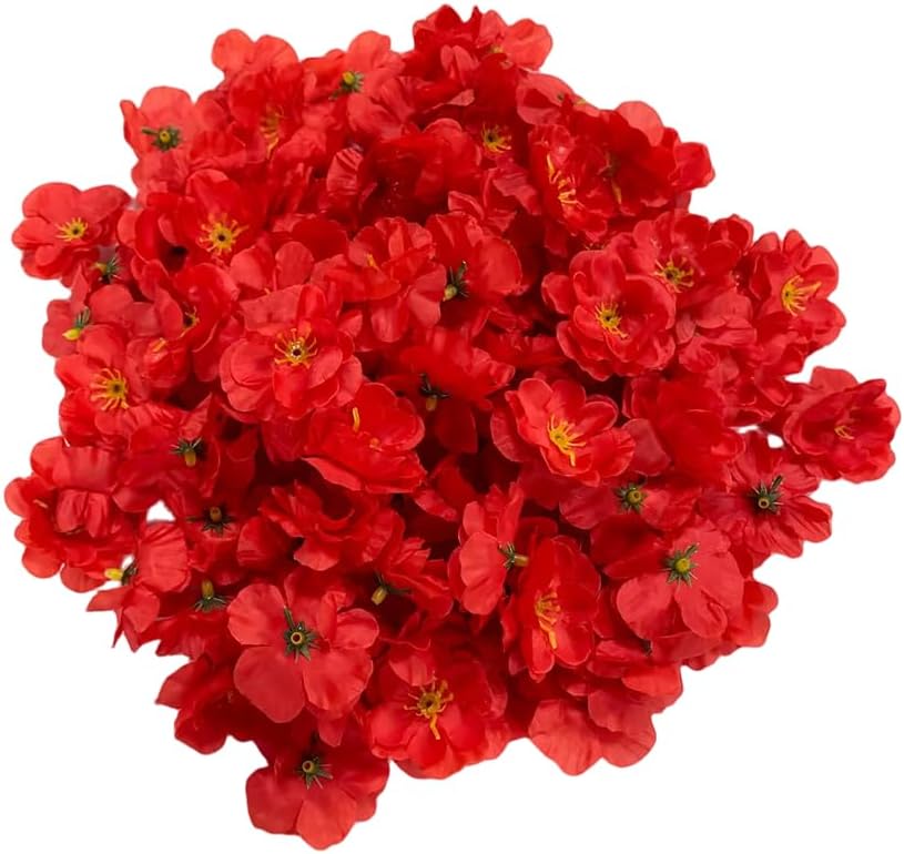 Rikyo 100 pcs Artificial Silk Cherry Blossom Flower Heads Spring Fake Plum Blossom Peach Blossom,Vase Fillers,Corsages for Wedding Decor,Nursery Wall,Archway Decor Wreath Garland Cake Ornaments (Red)