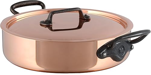Mauviel M'Heritage M150CI - Rondeau de cobre pulido y acero inoxidable de 0.069 pulgadas con tapa y asas de hierro fundido, 5.9 cuartos de galón,