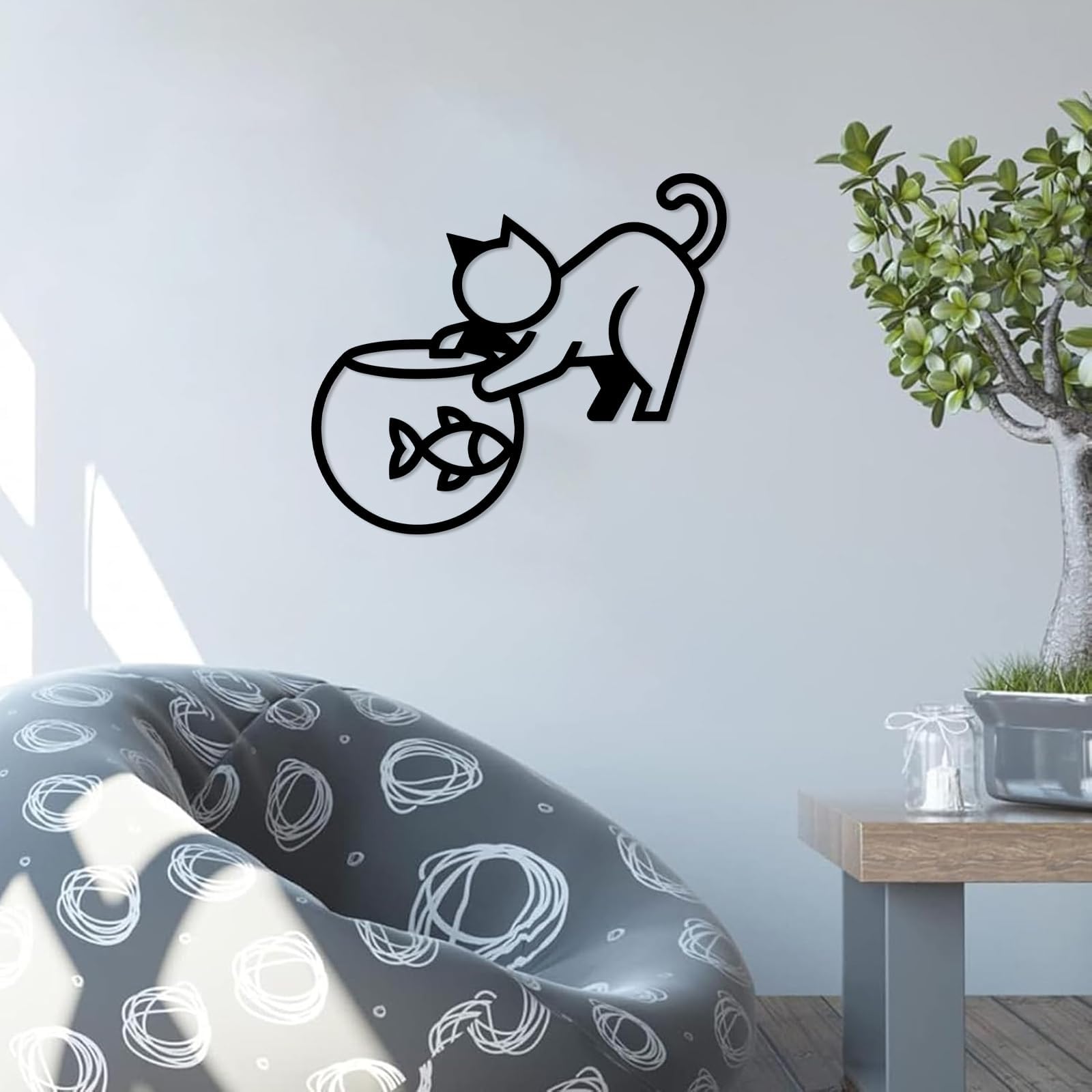Dekoracja ścienna do salonu, minimalistyczne akcesorium wewnętrzne (61 cm) | Miska wędkarska dla kota metalowa sztuka ścienna metalowe znaki dekoracja ścienna metalowa dekoracja na zewnątrz