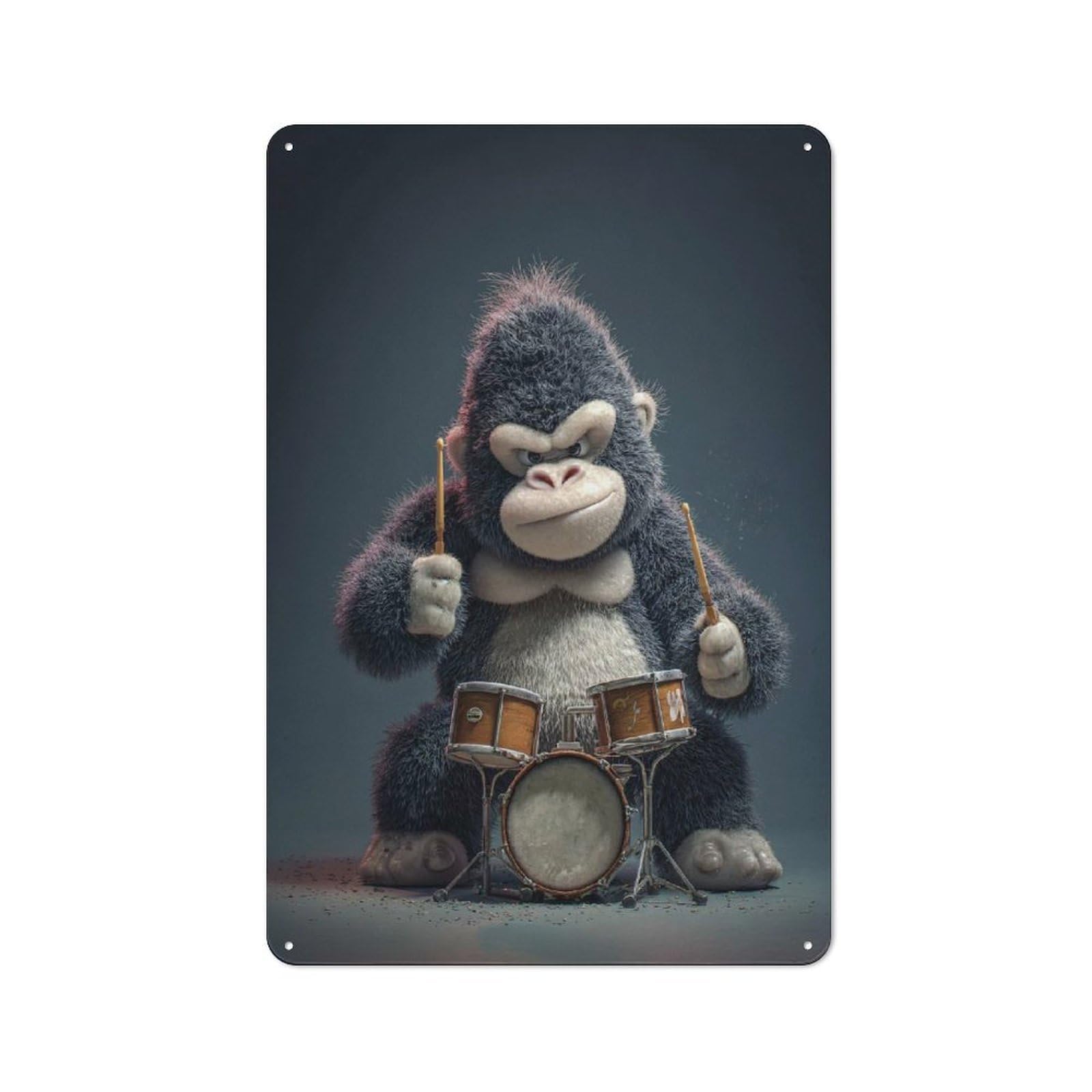Cartoon Gorilla Playing Drums Classic Metal Wall Decor 30x20cm, Metal Sign for Cafe, Pub, Workshop Or Home Bar, Small Accent for Blank Walls
