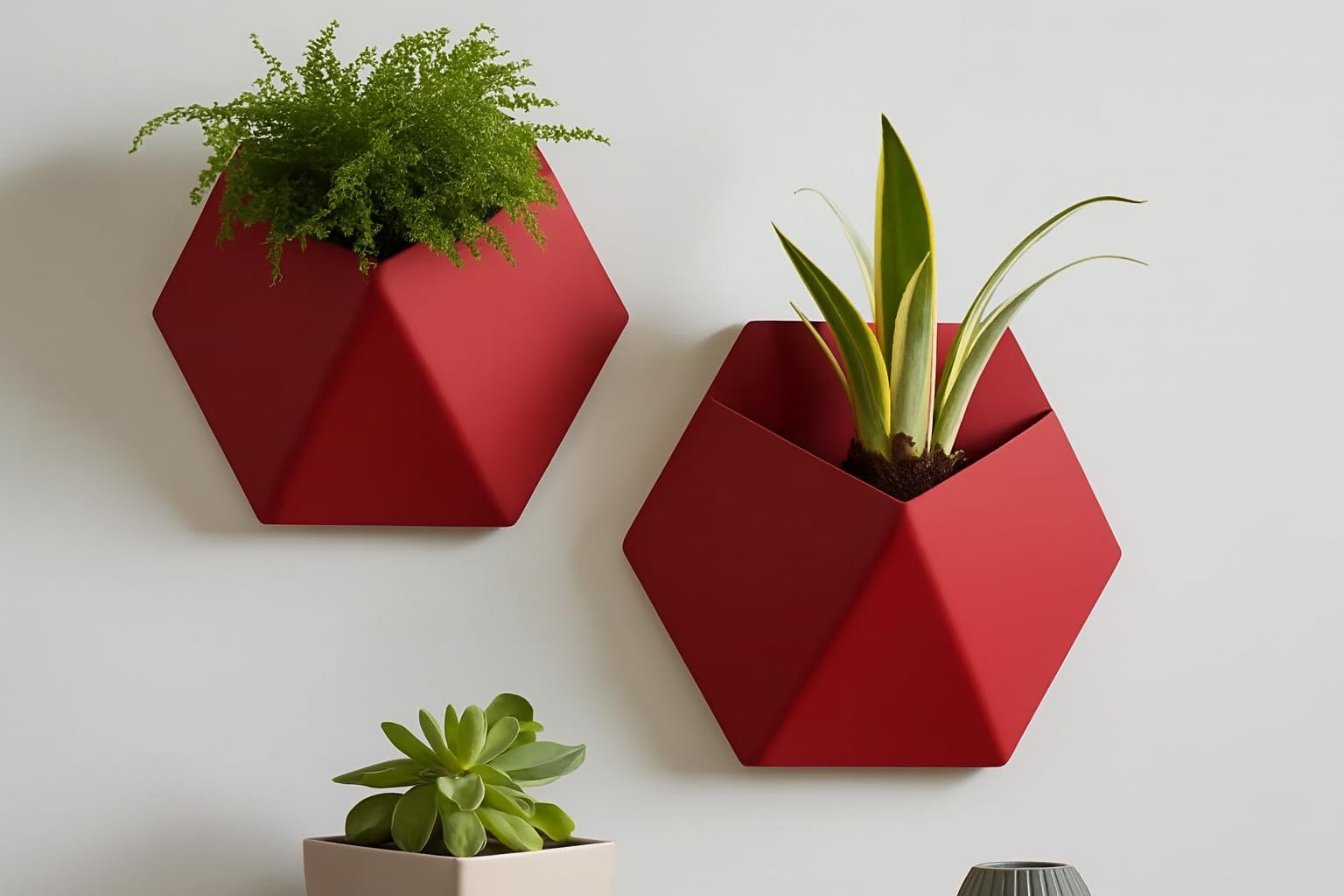 Wall-Mounted Geometric Plant Pot – Modern Indoor/Outdoor Planter (2, Matt Dark Red)