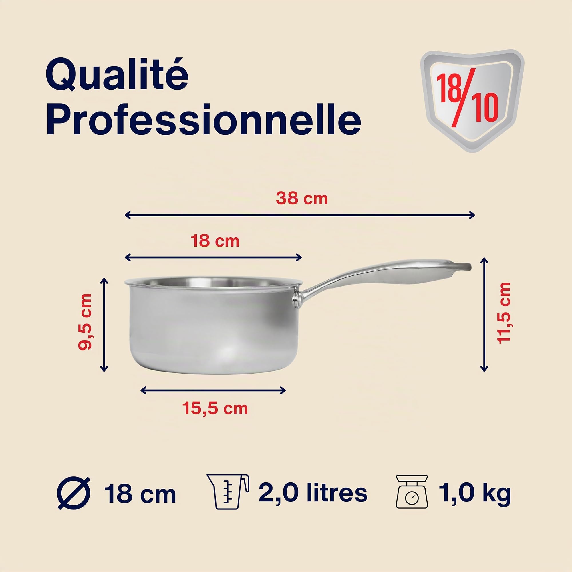 Casserole Inox 18/10 Triply – 18 cm – Sans Revêtement – Sans PFAS, PFOA, PTFE – Compatible Tous Feux Dont Induction – Manche Riveté Froid – Cuisson Saine et Durable
