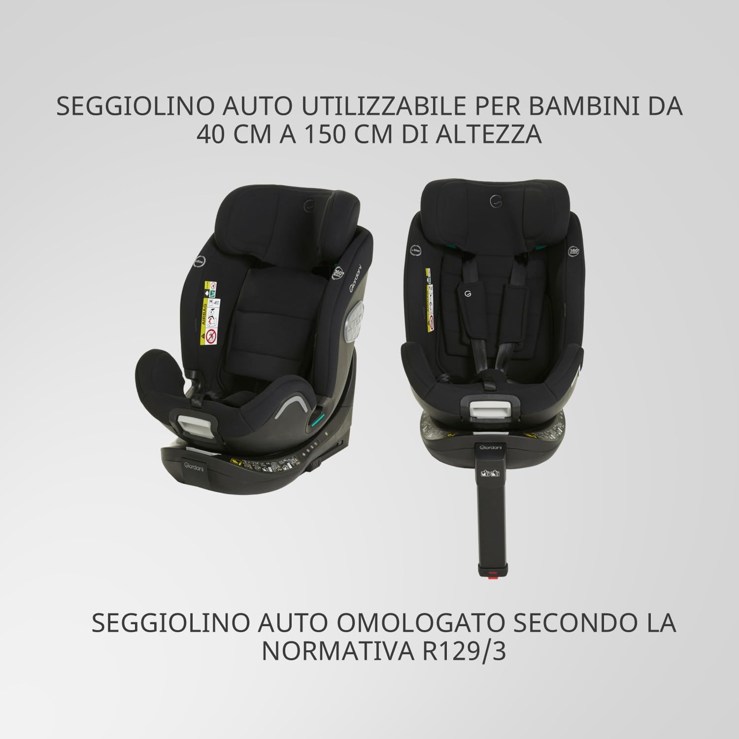 Giordani Andromeda Seggiolino Auto 40-150 cm i-Size, Base Girevole 360°, Isofix e Gamba di Supporto, con Riduttore Neonato e Sistema Harness Retainer, Evolutivo 0-12 Anni R129/03