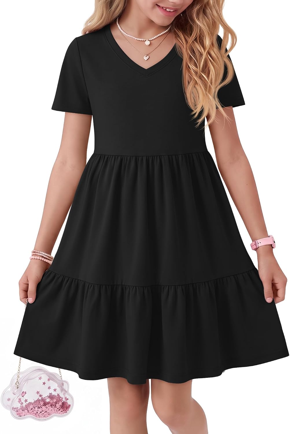 Girls V Neck Short Sleeve Dress