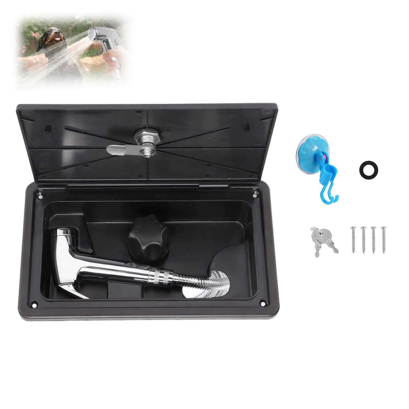 Außendusche Wohnmobil mit Heiß-Kaltschalter – Camping Dusche Set mit Edelstahlschlauch & Duschkopf, 4-in-1 Anschlussbox mit Wandhalterung für Wohnmobile, Camper & Anhänger
