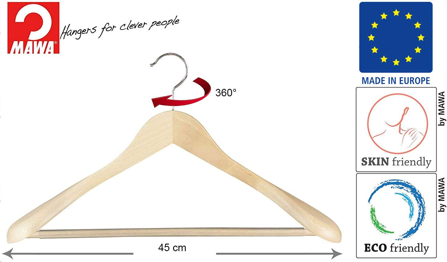 MAWA 10 Stück Formbügel mit Schulterverbreiterung Capitano RFS, Hemden, Blusen, Jacketts, Umweltfreundlich, FSC® Zertifiziert, Buche, 360° Drehbar, 45 cm, Natur