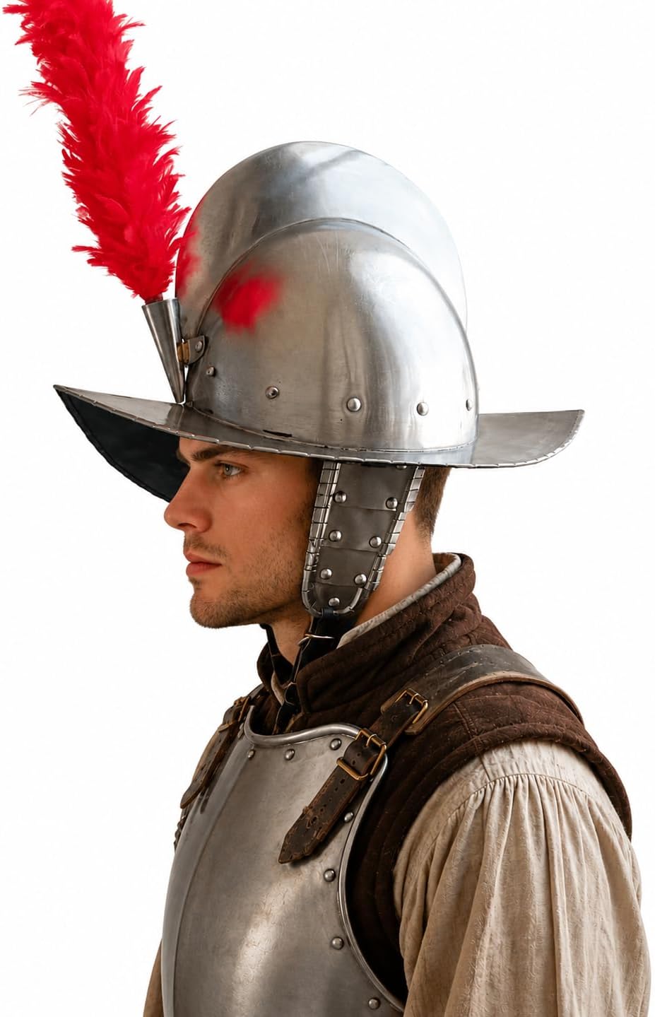 Morion Spanish Comb Helmet for Reenactment with Red Plume