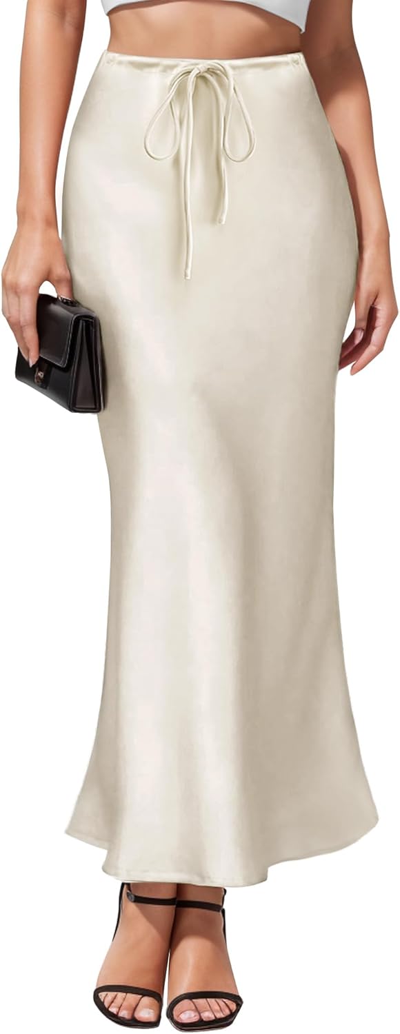 Women's Maxi Skirts Satin Drawstring High Waisted Silk Elegant Flowy Casual A-Line Long Skirt for Women