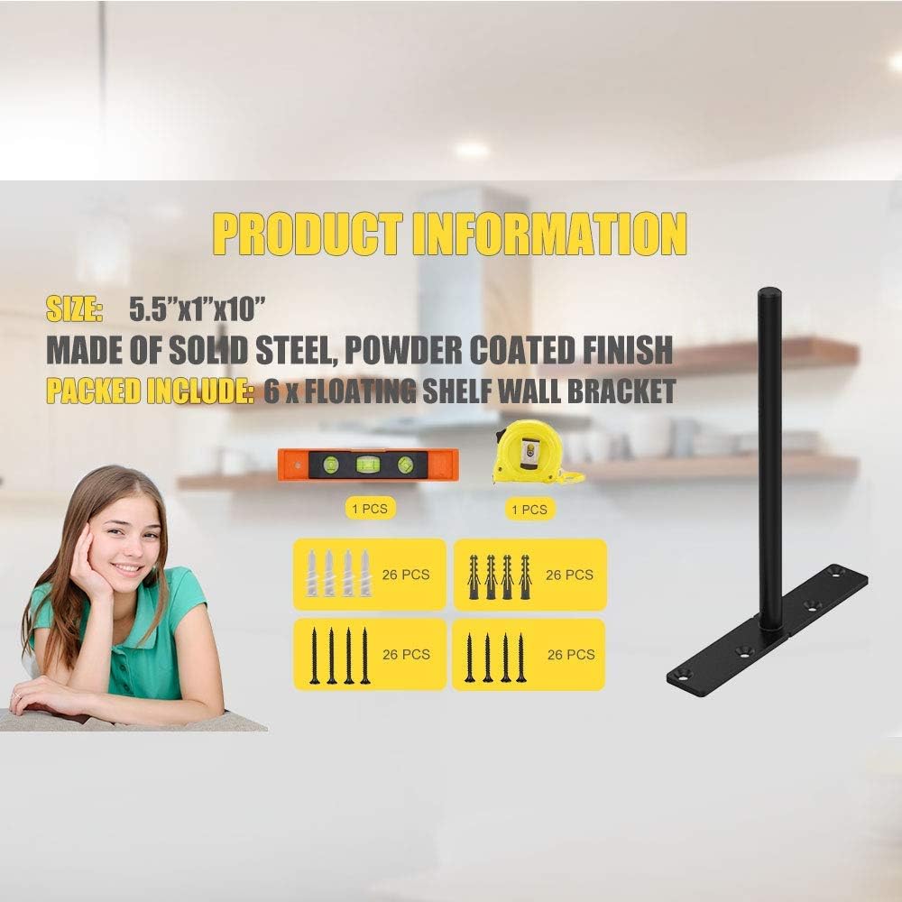 10" Floating Shelf Bracket (6 Pack) - Heavy Duty Hidden Brackets for Floating Wood Shelves - Invisible Support for Any Type of Shelf