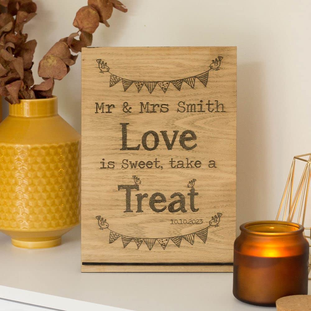 Luck and Luck Personalised Love is Sweet Oak Veneer Wooden Sign, Wedding Treat Bar Sign, Sweet Bar Keepsake Sign with Name, Candy Cart Sign Decoration