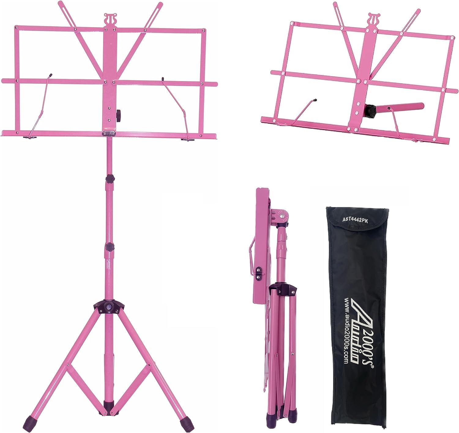 AUDIO 2000'S S4442PK2 Notenständer, tragbar, zusammenklappbar, Stahl, jeweils mit Tragetasche, Rosa, 2 Stück