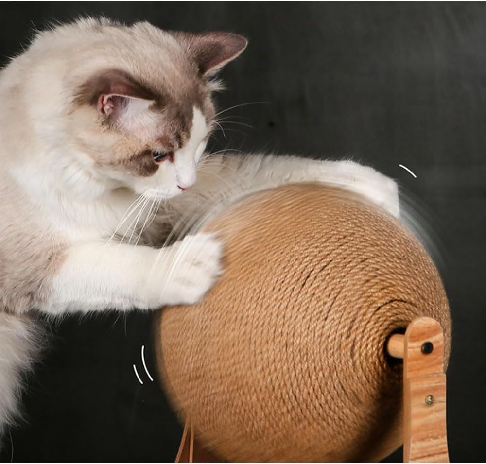 Cat Scratching Ball on Stand - Solid Wood Interactive Cat Scratcher with 360° Rotating Natural Sisal Ball, Wear-Resistant and Scratch-Resistant for Pets Indoor (L)