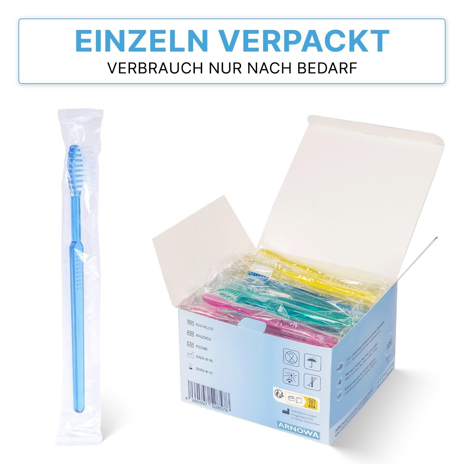 ARNOMED® Jednorazowe szczoteczki do zębów z pastą, szczoteczki indywidualnie pakowane, szczoteczka podróżna z suchą pastą miętową, higiena w podróży, 100 sztuk
