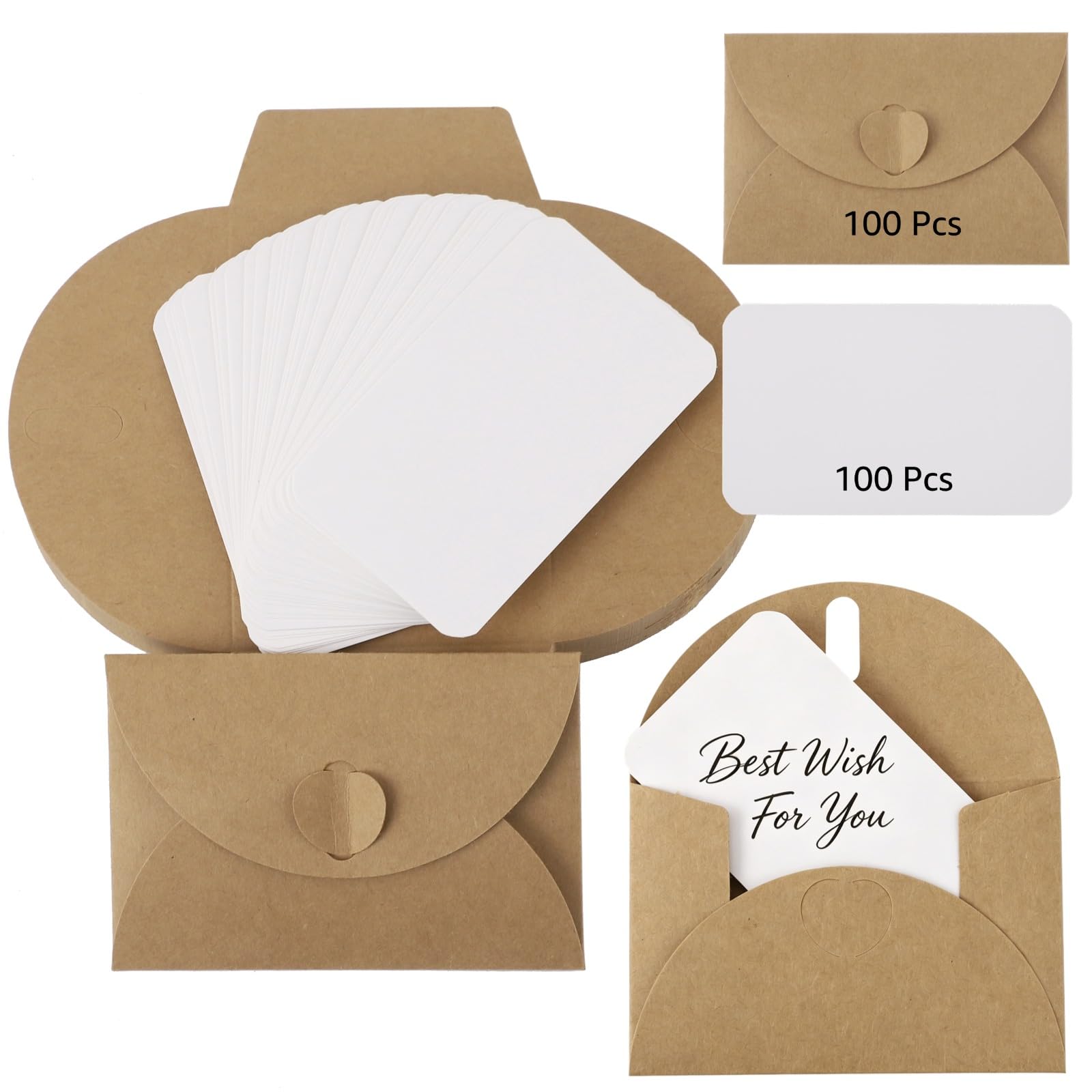 100 Set Mini Kraft Envelopes with Blank Cards, Kraft Paper Envelopes with Heart Clasp Closure, 4.1 x 2.8 in, for Wedding Invitations, Graduation, Festive Greetings & Thank You Notes