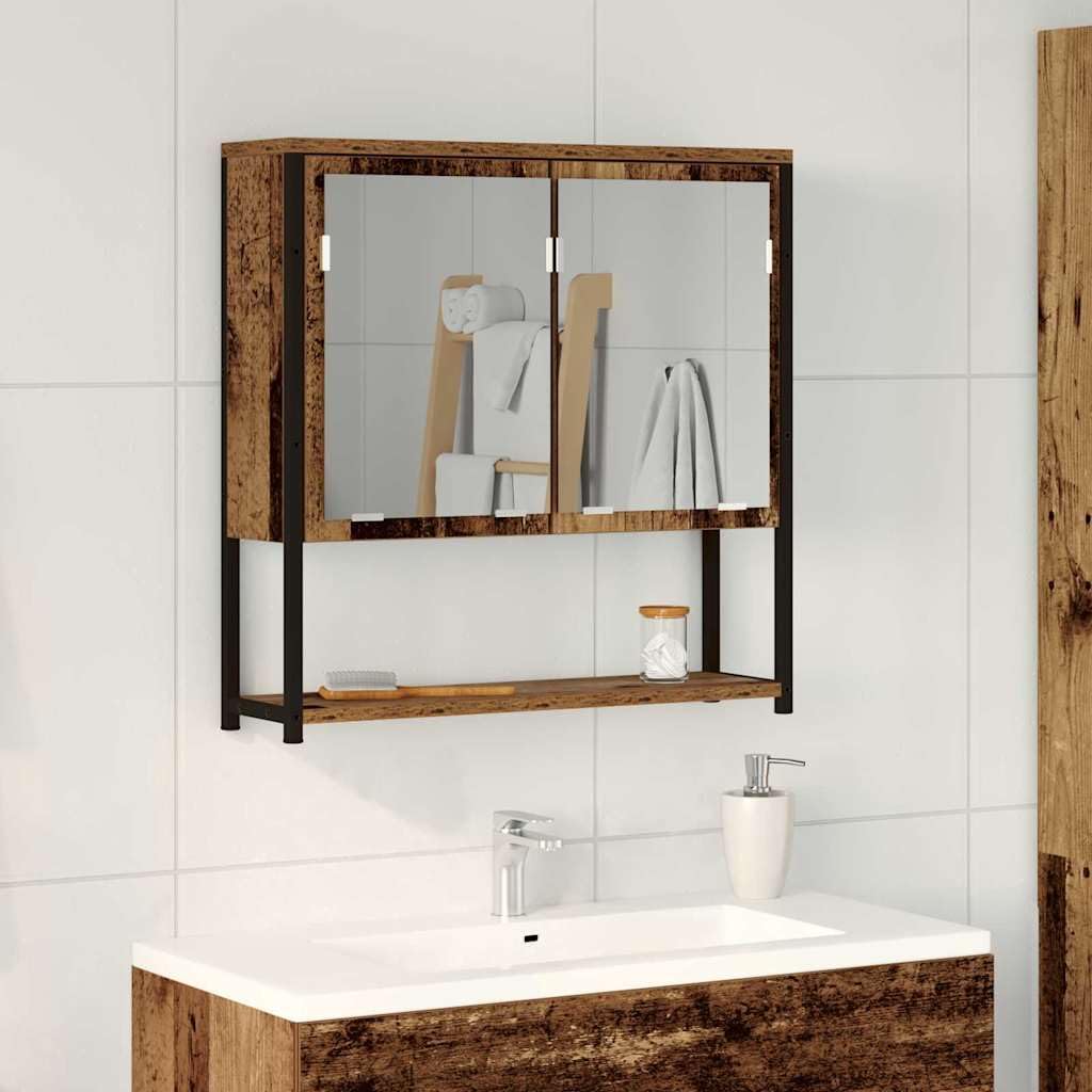 Szafka z lustrem z regałem, stare drewno, materiał drewnopochodny, 60 x 16 x 60 cm, montaż ścienny, mebel łazienkowy, miejsce do przechowywania ze szklanymi drzwiami i płaskim lustrem, do