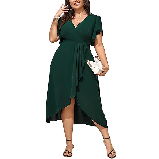 Women Plus Size Maxi Dress Short Sleeve Wrap V Neck High Low Split Long Dress