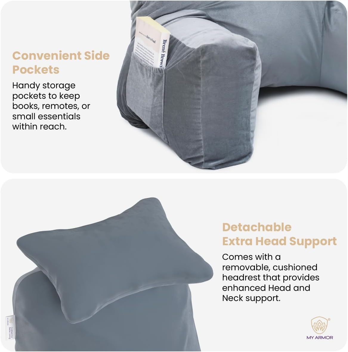 Back Pillow for Bed with Detachable Support Armrests and Neck, Soft Reading Pillow, Back Support Wedge Pillow for Working, Sitting and Relaxing on the Bed