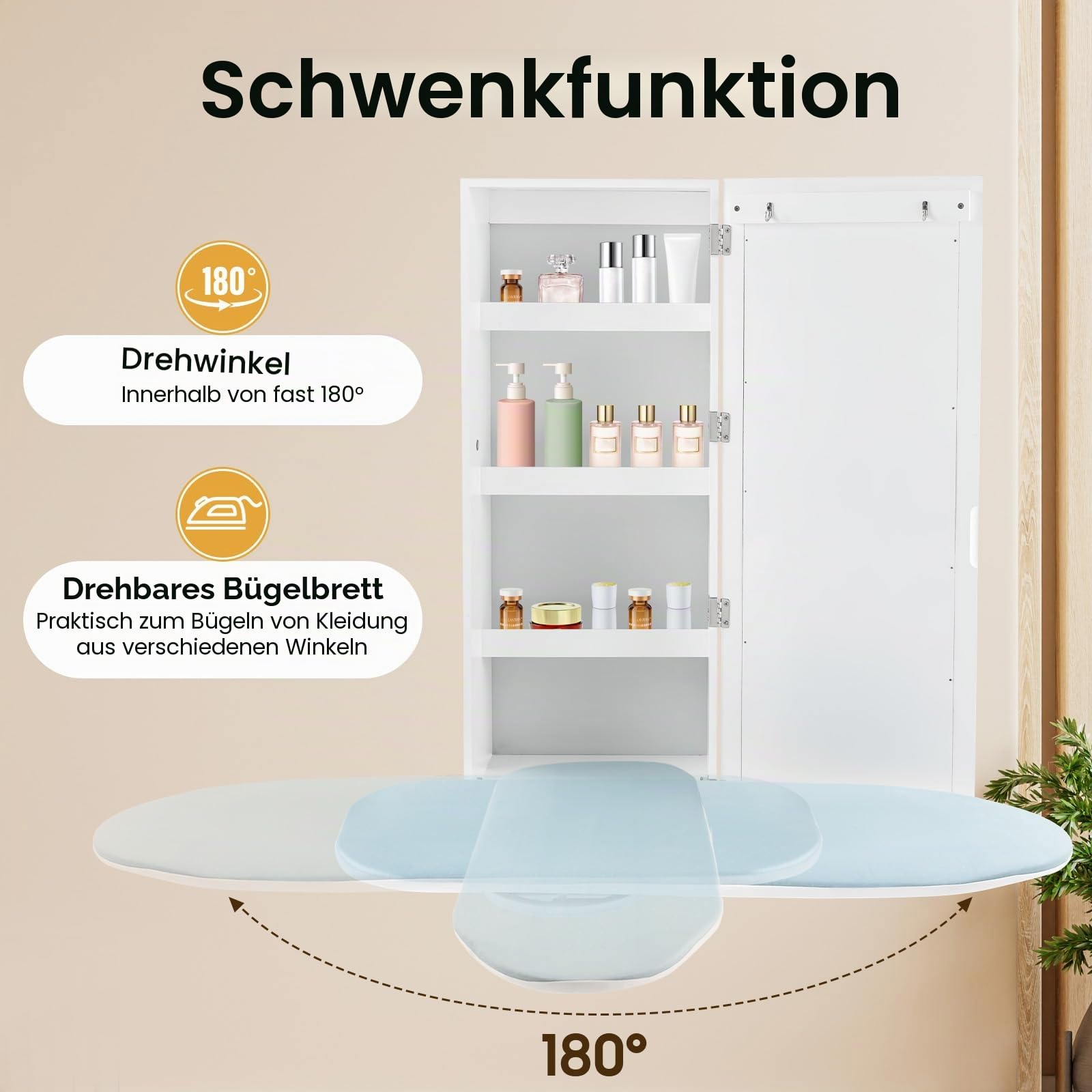Wall Mounted Ironing Board Cabinet, Bügelbrett Schrank, 180° schwenkbare Metallbasis & Spiegel, klappbar und versteckt, platzsparend