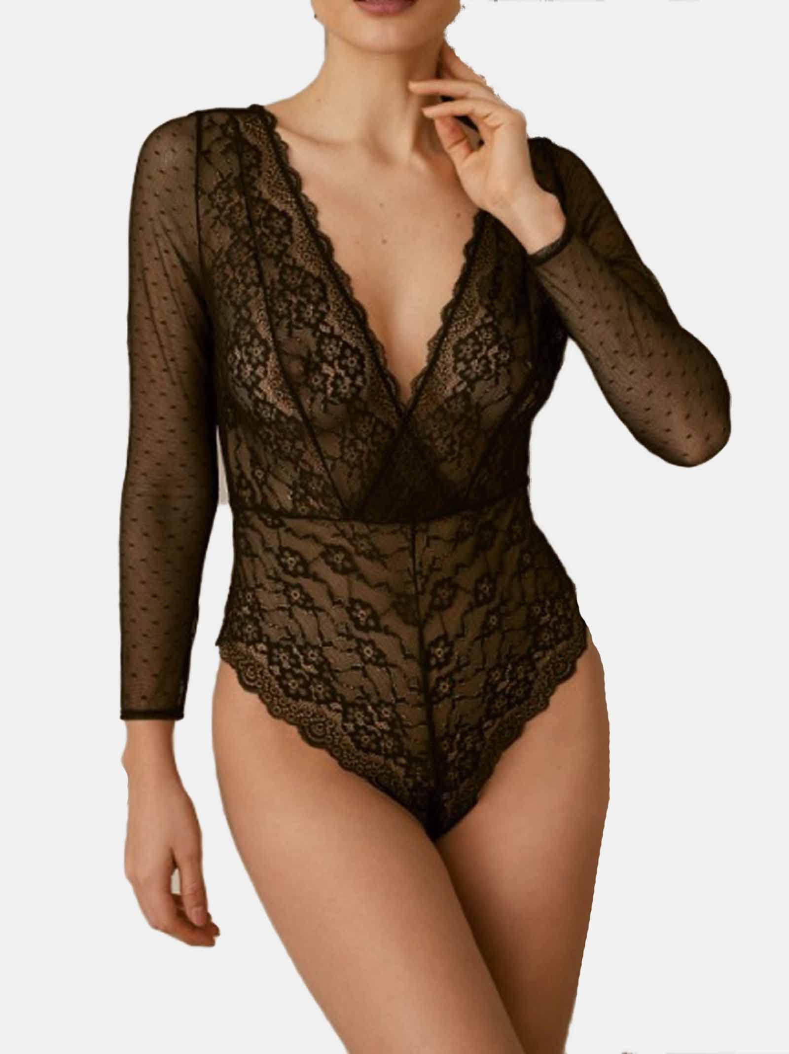 Body Femme en Dentelle à Manches Longues Noir L4926 - Promise, Taille M., Taille unique