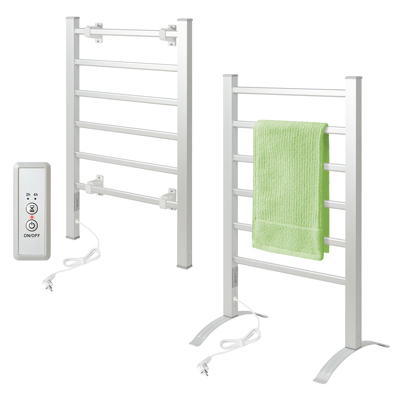 Todeco Toallero Eléctrico Baño con Temporizador, 2 en 1 Calienta Toallas Electrico de pie y Montaje en Pared, Toallero Eléctrico de Bajo Consumo, Aquecedor de Toalhas, 6 Barras