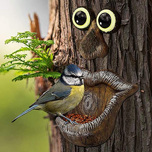 Adroiteet Bird Feeder Tree Face Decor Outdoor, Glow Eyes in Dark, Fun Old Man Tree Sculpture Yard Art Garden Decoration