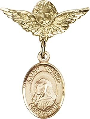 14kt Yellow Gold Baby Badge with St. Bruno Charm and Angel w/Wings Badge Pin 1 X 3/4 inches