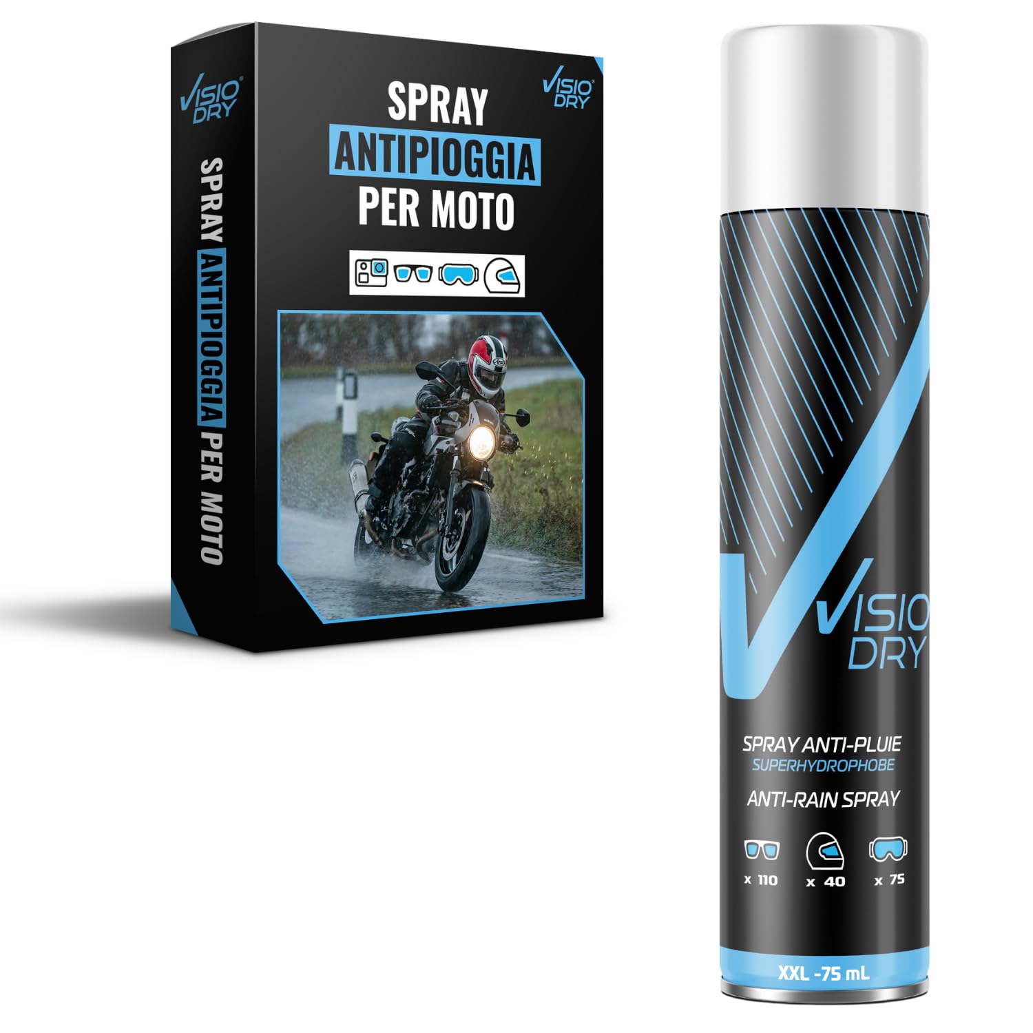 Aerosol antipioggia Visiodry – Occhiali, maschere & visiere – visione nitida con pioggia – 75 ml – VDA107