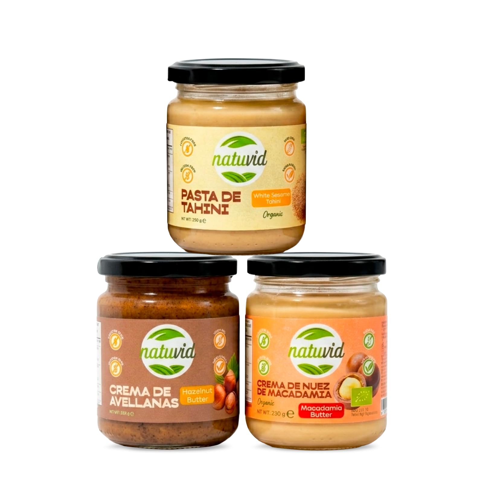 Natuvid Pack Keto 3 Cremas Naturales | Macadamia BIO 230g + Tahini BIO de Sésamo 250g + Avellana Premium | Bajo en Carbohidratos | 5,74g Macadamia, 2,24g Tahini y 6,34g Avellana por 100g