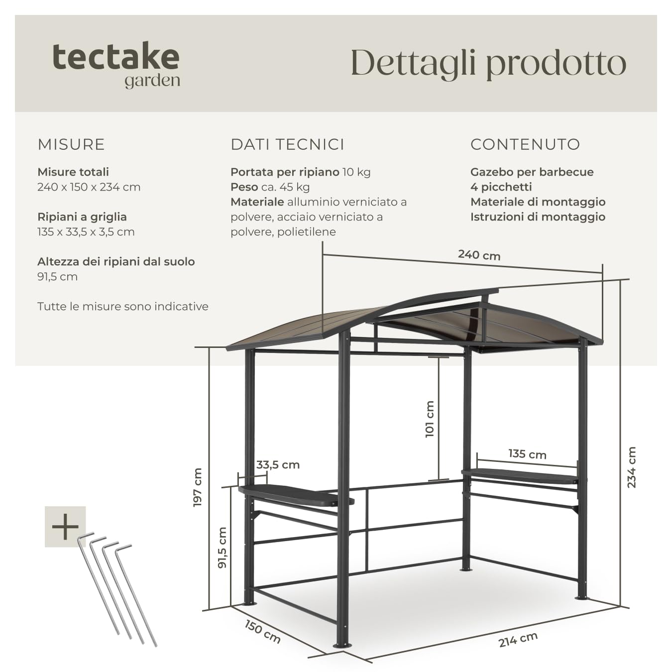 tectake® Chiosco per grigliate Asado, Telaio Stabile, Struttura Robusta, Ottimale per Giardino, Accessori Arredamento Esterno, Areazione, Arredo Giardino, Copertura, Riparo