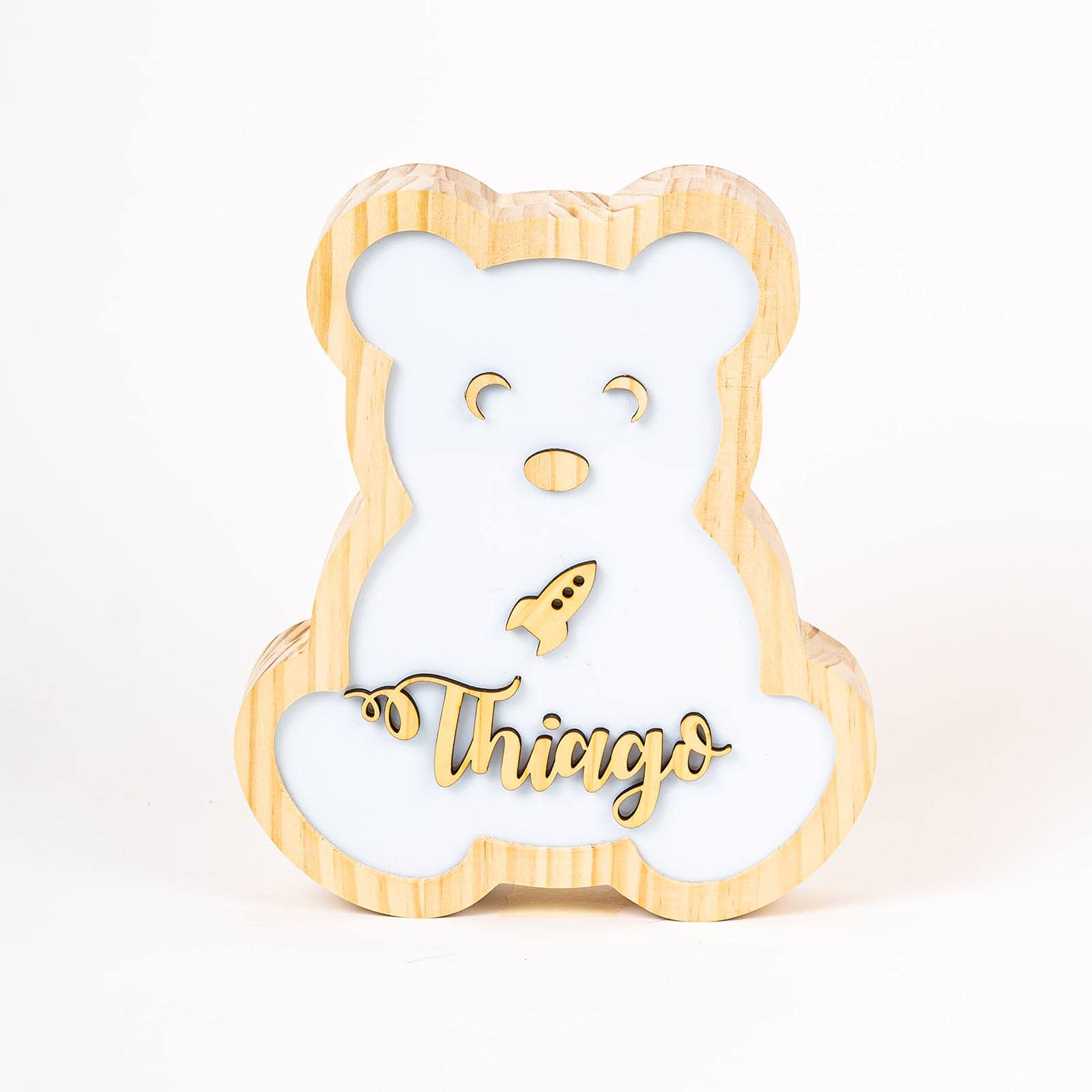 [ PINE & KIDS ] Lámpara Osito infantil personalizada con Nombre. Lámpara quitamiedos con nombre en madera para niños y bebés. Incluye adaptador de corriente.