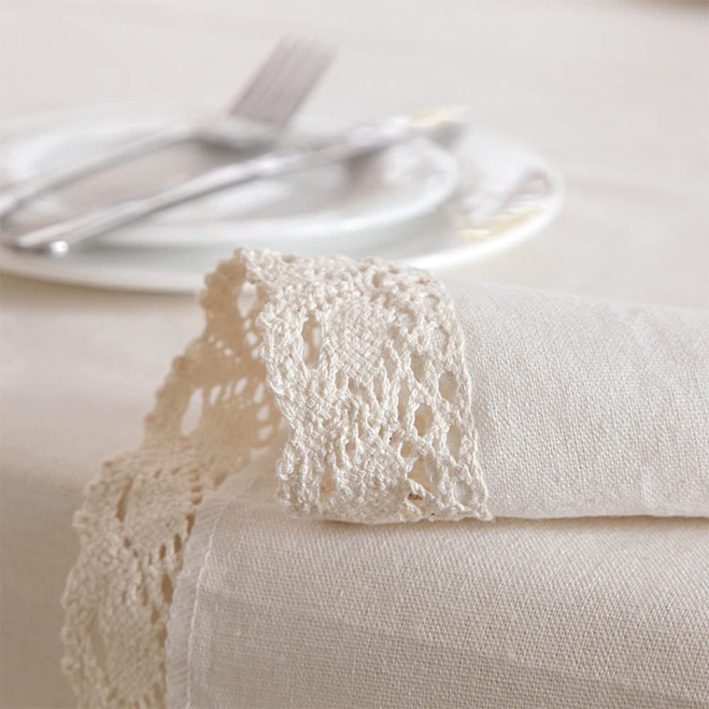 IsolaY Mantel de Lino y poliéster con Borde de Encaje, Mantel Rectangular con borlas para Cocina, Comedor, Mesa, decoración del hogar, con Cordones Blancos, 140x140cm