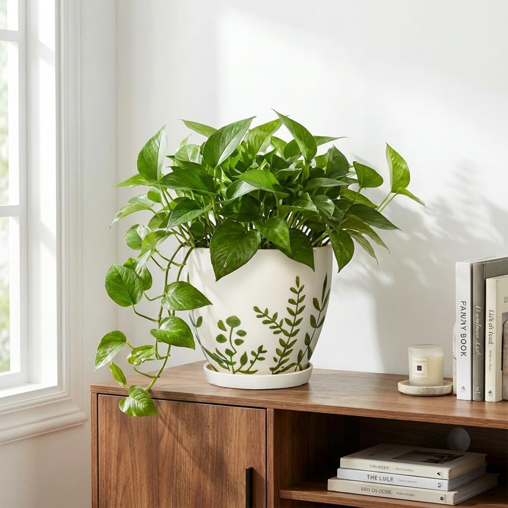 Ceramic Pot for Plants 8.2 Inch - Indoor Plant Pot with Drainage Hole and Saucer, Decorative Boho Round Outdoor Planter, Gardening Gifts for Women Men, Room Patio Office Home Decor, White