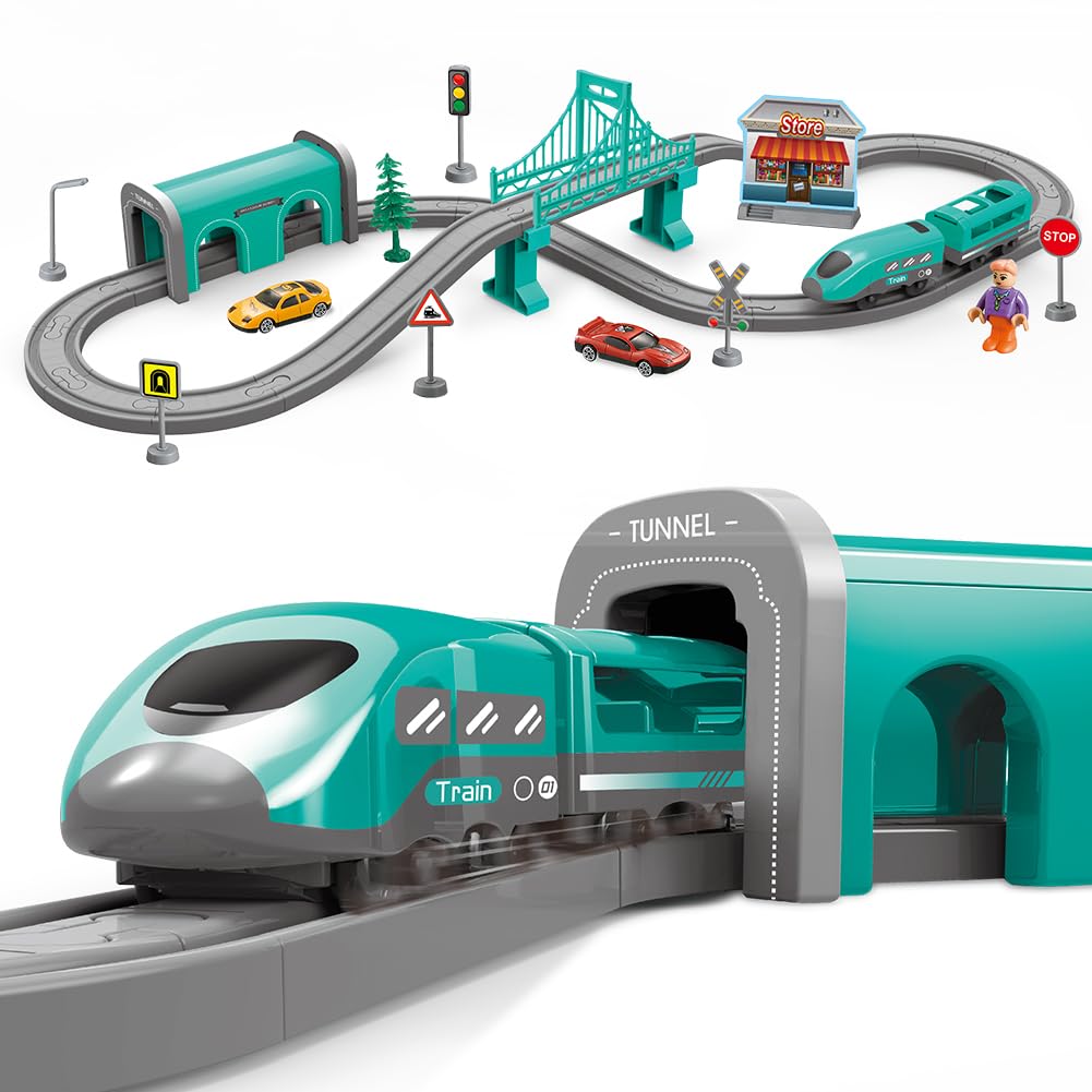 XIAPIA Railway Learning Educational Toys, Train Sets for Kids Boys Girls Age 3 Years Up, 66 Pcs Electric Track Accessories Car Set (Green City)