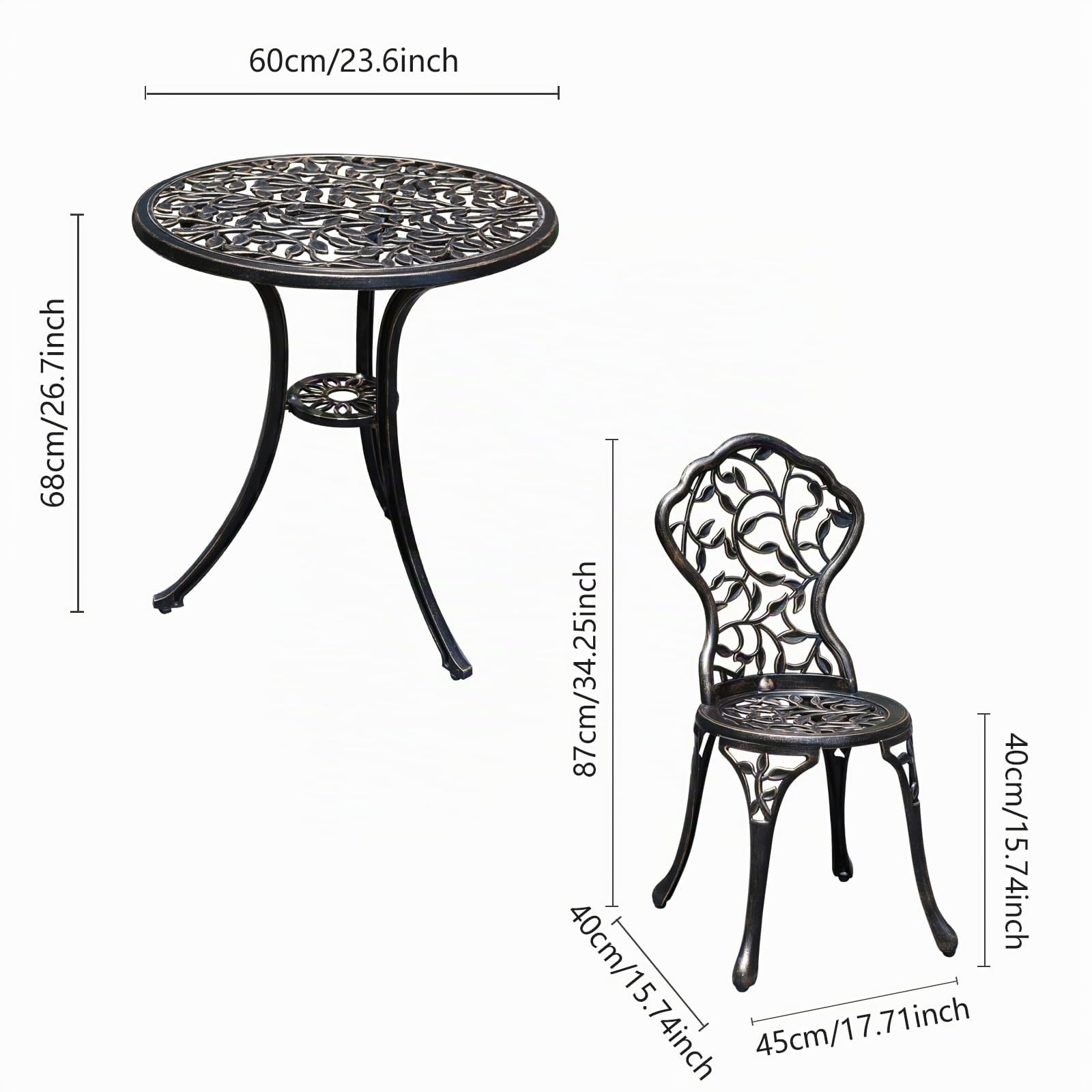 Antike gegossene Aluminium Taverne Set, 3-teiliges Set, Gartenmöbel Set mit Zwei Stühlen und rundem Tisch, dekoratives Design, Bronze Aussehen (Blatt)