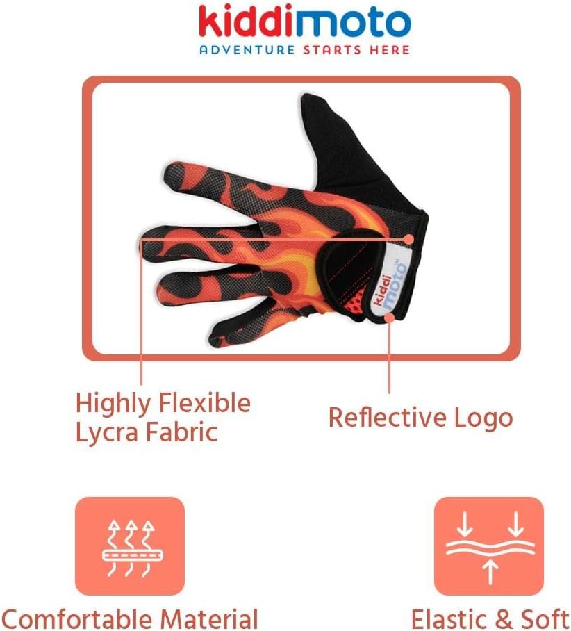 KIDDIMOTO Kids Cycling Full Finger Gloves - for Kids Bike, Balance Bike, Scooter, and Skateboard (Gloves for Girls and Boys) | Available in Different Sizes & Designs (Flames, Large) : Sports & Outdoors