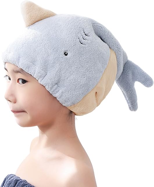 JK Home Kids Microfiber Hair Drying Wrap Towel Cap, Fun Cute Cartoon Shark Super Absorbent Coral Velvet Hair Turban Quick Dry Towels for Wet, Long, Thick Hair