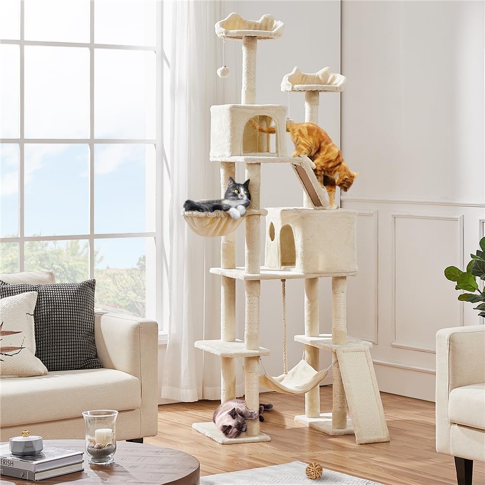 Albero Tiragraffi per Gatti in Truciolato Altezza 209 cm Corda in Sisal con Condomini e Amaca Multilivello Beige