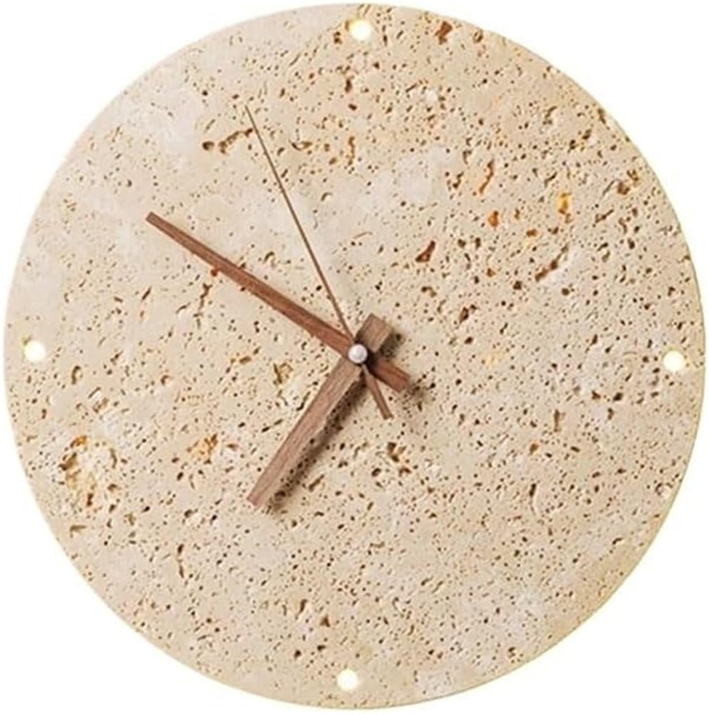 Applique Murale pour Chambre à Coucher, Horloge Murale en travertin, Pierre Jaune Clair, Design Rond, Aiguilles silencieuses en Noyer, pour Chambre à Coucher, Salon, entrée (Grand