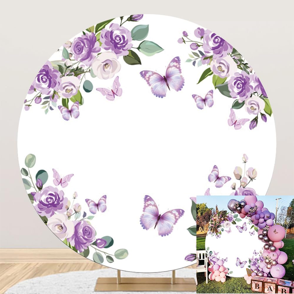 Leyiyi 7.2x7.2ft Purple Butterfly Round Backdrop Cover Purple Watercolor Floral Violet Butterfly Circle Background for Sweet Girls Birthday Baby