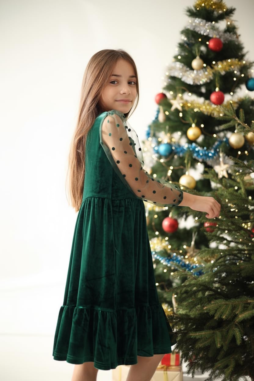 Arshiner Girls Dresses Contrast Mesh Velvet Long Sleeve A-Line Vintage Party Dress with Pockets - Image 6