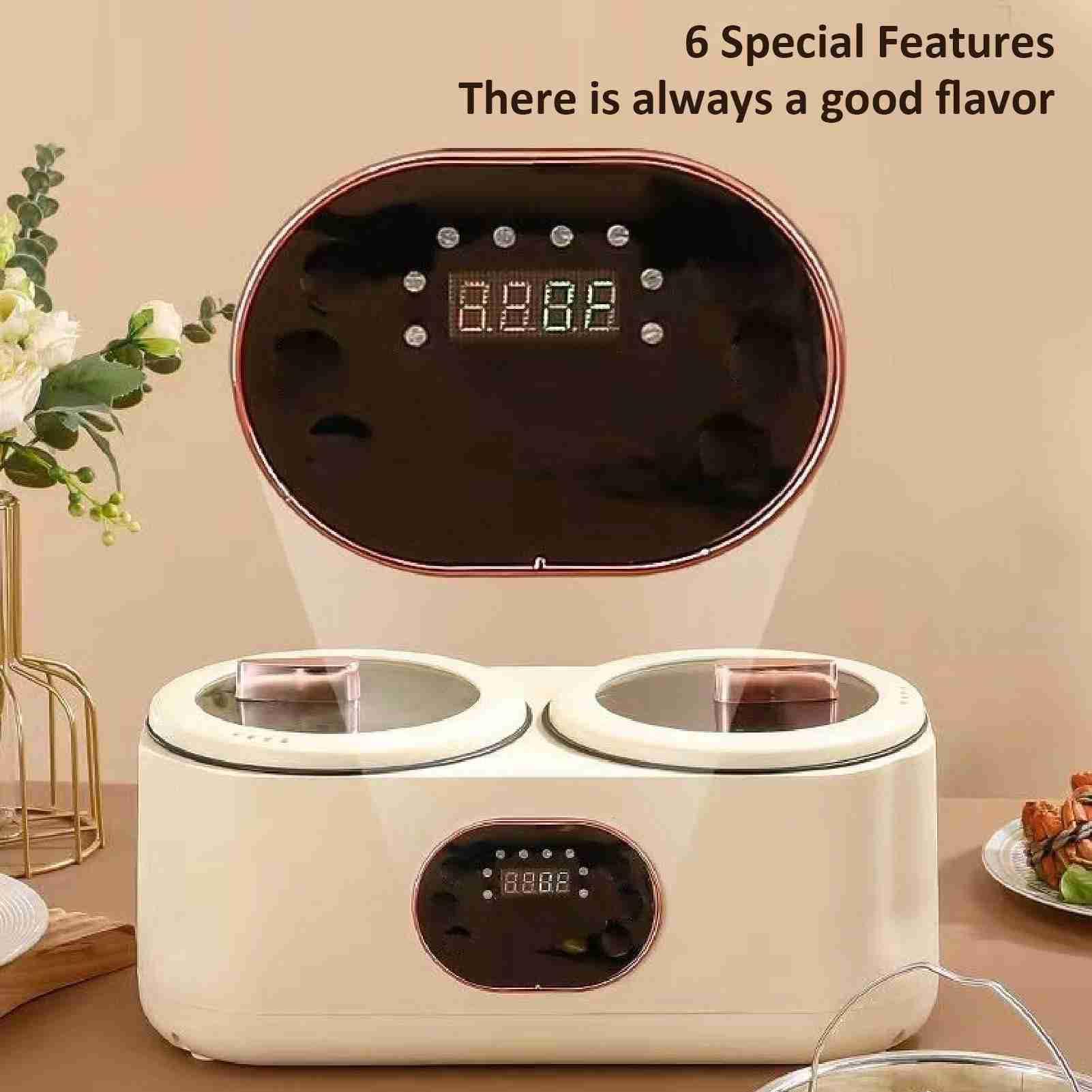 Double Mijoteuse, Double Mijoteuse à 2 Casseroles, Chauffe-aliments Multifonction Automatique, Isolation Intelligente, Cuiseur à Riz Amovible, Marmite électrique pour la Maison