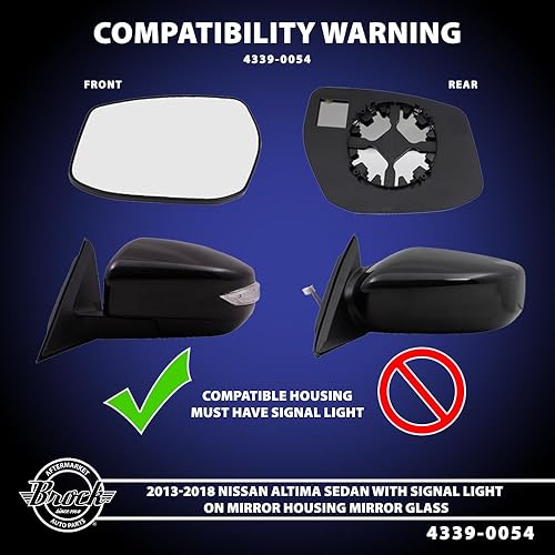 Miniatura 3 de Brock Espejo de repuesto para pasajero derecho y base sin calor, compatible con Nissan Altima Sedan 2013-2018 con luz de señal en la carcasa del