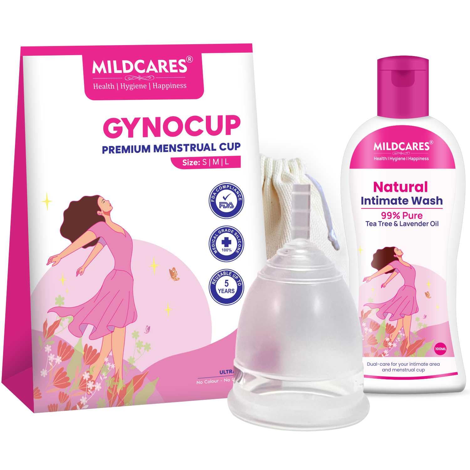 GynoCup Reusable Menstrual Cup for Women | Medium Size | With Menstrual Cup Wash 100ml ph. balance - Ultra Soft, Odor and Rash Free, No Leakage, Protection for Up to 10-12 Hours, FDA Approved (Medium)