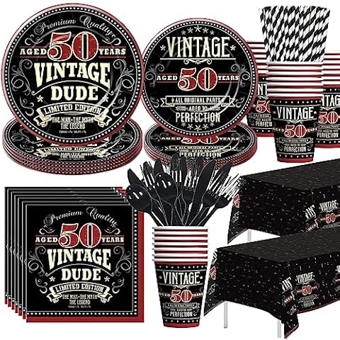 HIPVVILD Vintage 50th Birthday Decorations For Men Tableware - 1974 40th Birthday Party Supplies, Plate, Cup, Napkin, Tablecloth, Cutlery, 50 Year Old Birthday Table Decorations Dinnerware | Serve 24 Cover