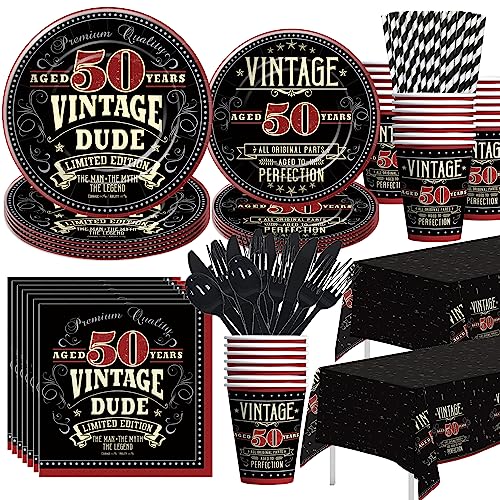 HIPVVILD Vintage 50th Birthday Decorations For Men Tableware - 1975 50th Birthday Party Supplies, Plate, Cup, Napkin, Tablecloth, Cutlery, 50 Year Old Birthday Table Decorations Dinnerware, Serves 24