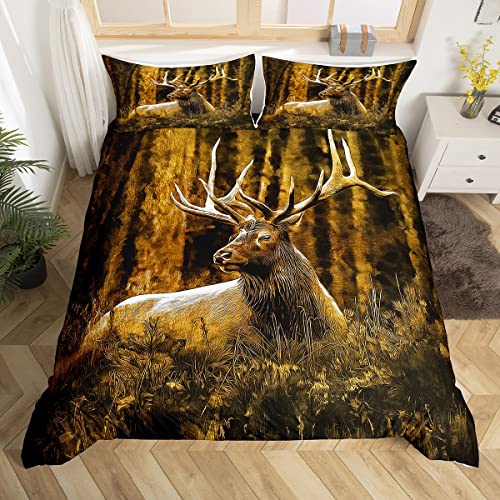 Deer Hunting Bedding Set King Size,Woodland Animal Hunter Comforter Cover for Men Boys Adults Room,Rural Western Farmhouse Elk Deer Duvet Cover Retro Countryside Adventure Quilt Cover 2 Pillowcases