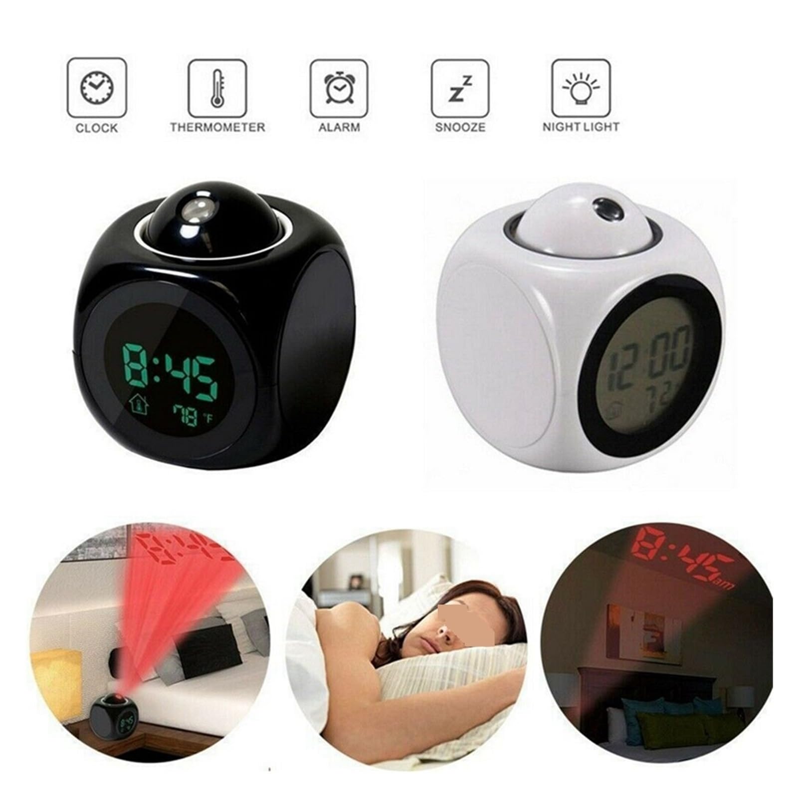 Cyfrowy Budzik LCD Kreatywny Projektor Pogoda Temperatura Czas Na Biurku Wyświetlanie Daty Projekcja Ładowarka USB Domowy Zegar Timer WyraźNy Obraz(Black)