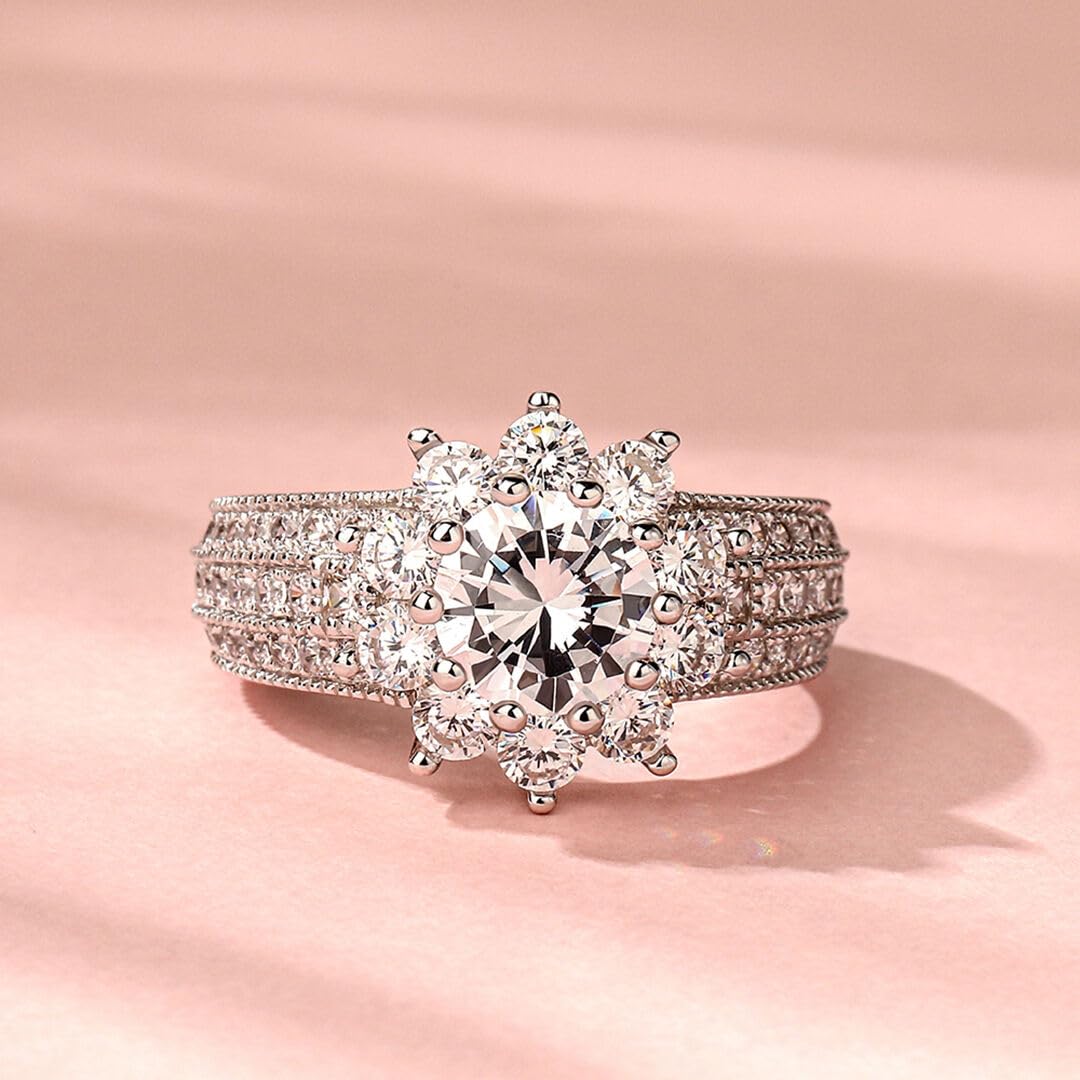 Anillos de corte redondo, flores, alianzas para mujer, Milgrain, anillo de plata de ley, anillos de eternidad con piedra de circonita, anillo de compromiso, anillo para mujer, para boda, cumpleaños