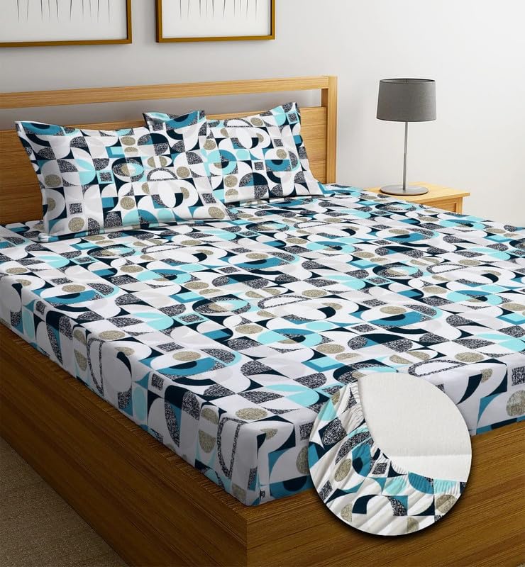 Image of NHD HOME Premium Cotton Elastic Fitted Bedsheets with 2 King Size Pillow Covers Double Bed with All Around Elastic Supersoft Size - 72 x 78 +10 inches Stone Pattren White and Blue 200 tc - 220 tc